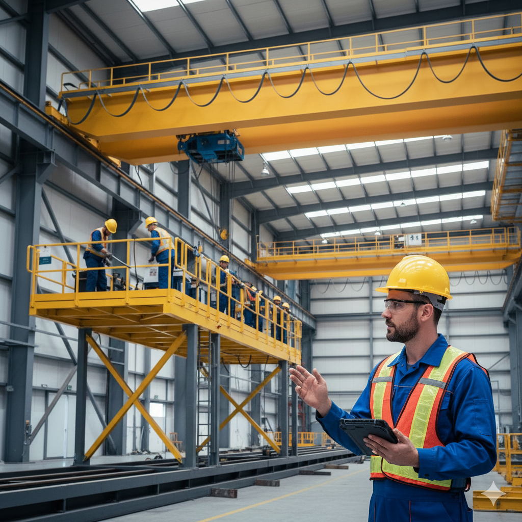 Engineer supervising installation and commissioning of an overhead crane system
