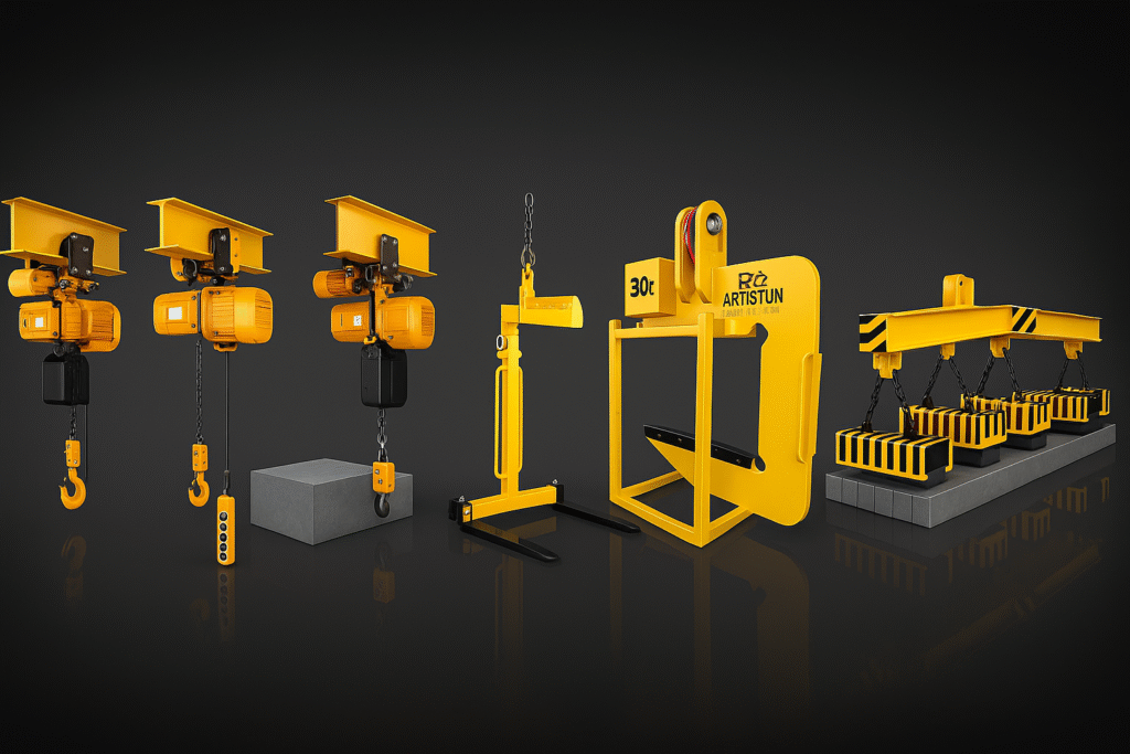 نمای کلی از انواع تجهیزات جانبی جرثقیل صنعتی شامل قلاب، تیر کمکی، پالتبر، گرپ، باسکول آویز و مگنت برای کاربردهای مختلف در صنایع سنگین